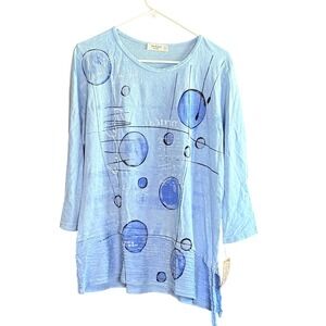 Jess & Jane Tori Blue Abstract Art Cotton 3/4 Sleeve Top M54-1834 NEW Womens L